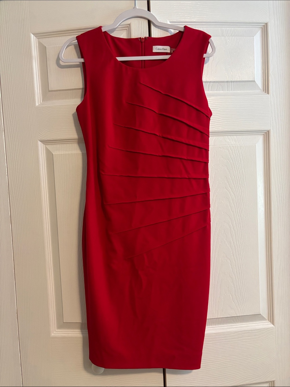 Calvin Klein Red Sleeveless Pleated Sheath Midi Dress
